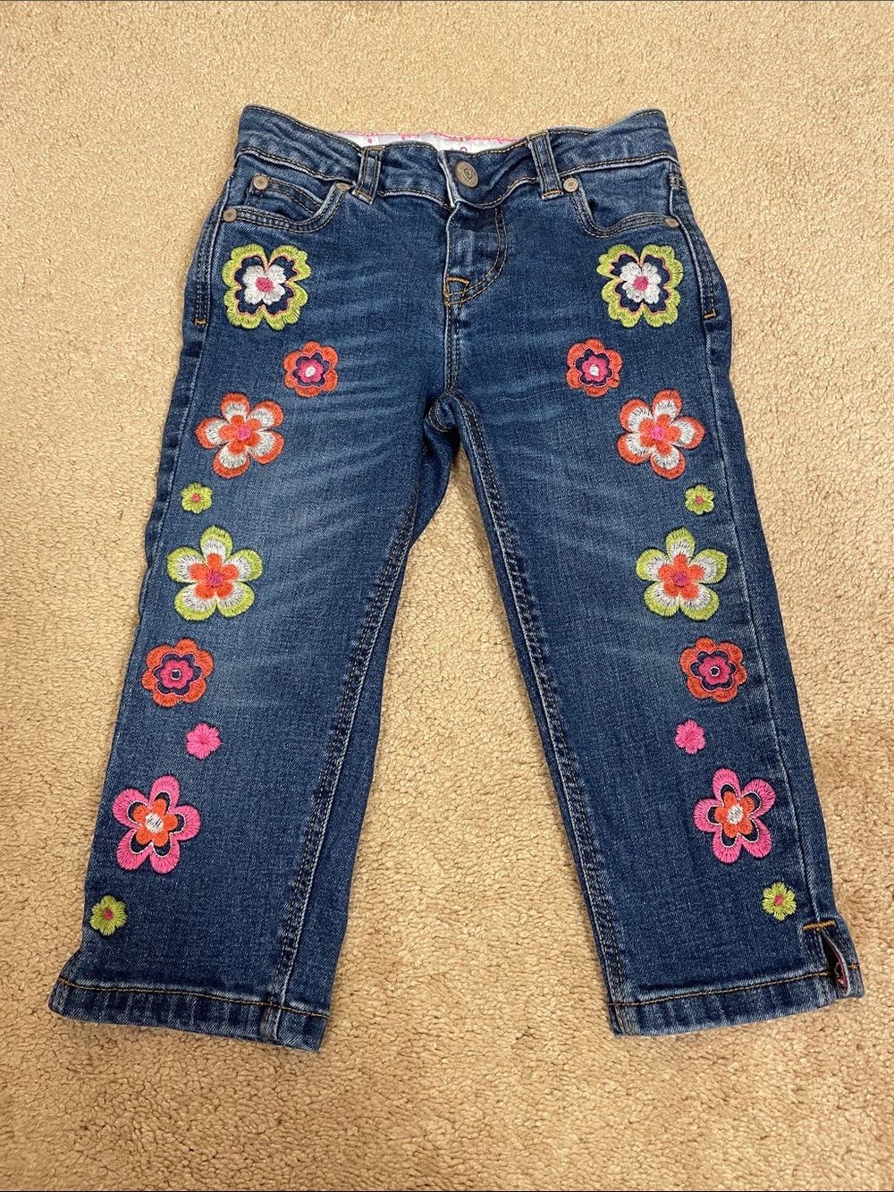 Mini Boden Girls’ Floral Embroidered Multicolor Boho Preppy Denim Jeans